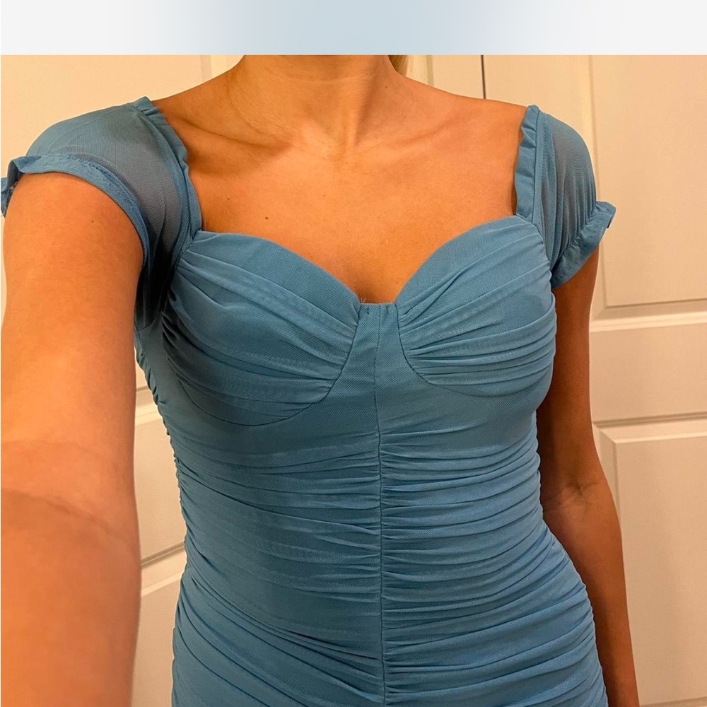 Chic Blue Ruched Mini Dress - Picture 5 of 8